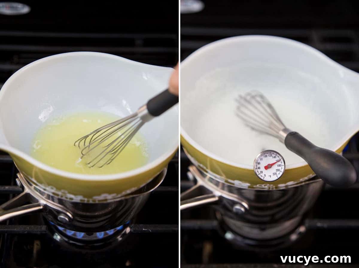 Heating egg whites and sugar to prepare for mint Swiss meringue buttercream.
