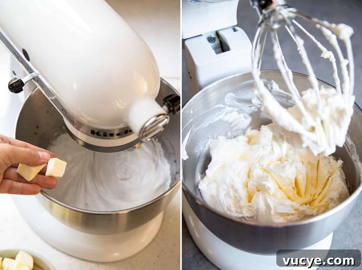 Adding butter to meringue base to make buttercream.