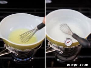Heating egg whites and sugar to prepare for mint Swiss meringue buttercream.