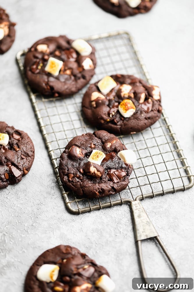Chewy Chocolate Marshmallow Cookies with Gooey Centers 3 3 baked chocolate marshmallow cookies on a wire cooling rack