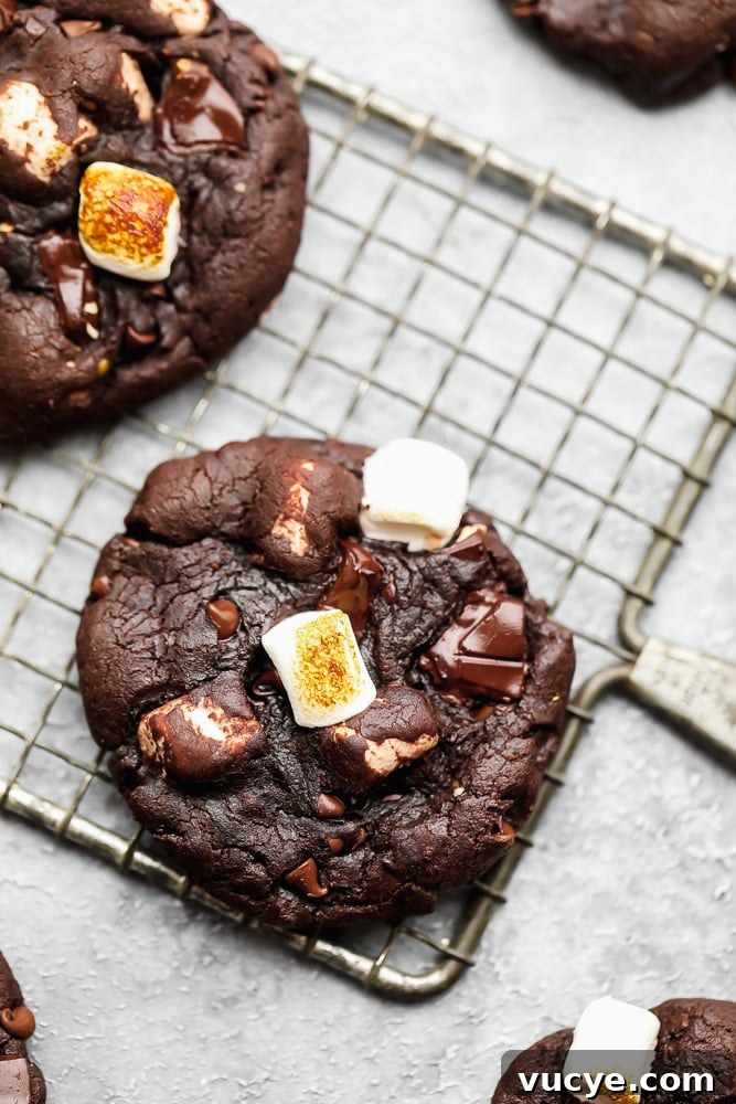 Chewy Chocolate Marshmallow Cookies with Gooey Centers 6 close up on 2 chocolate marshmallow cookies on a wire cooling rack