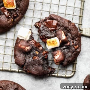 close up on a chocolate marshmallow cookie split in half on a wire cooling rack