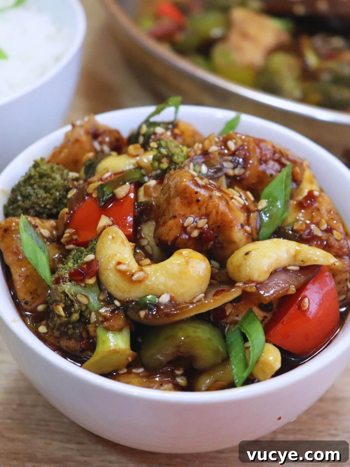 a tight-close of chicken and vegetable stir fry served in a bowl.