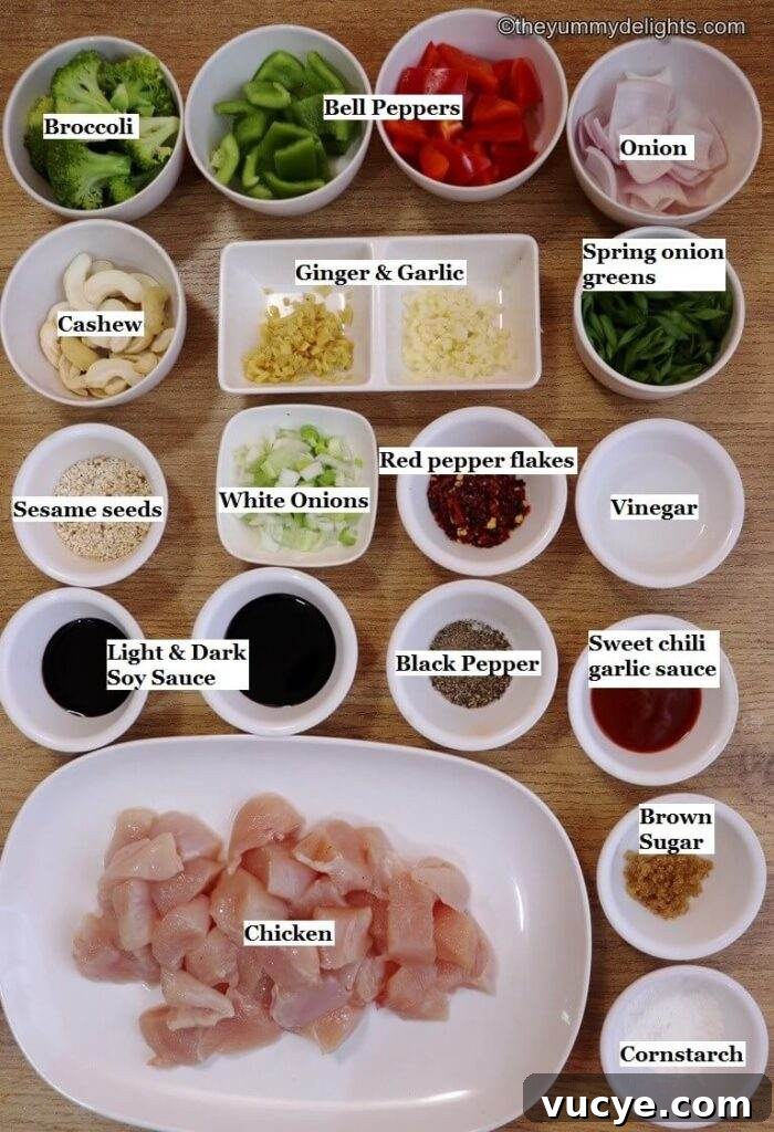 individually labeled ingredients to make chicken and vegetable stir fry recipe is laid out on a table.