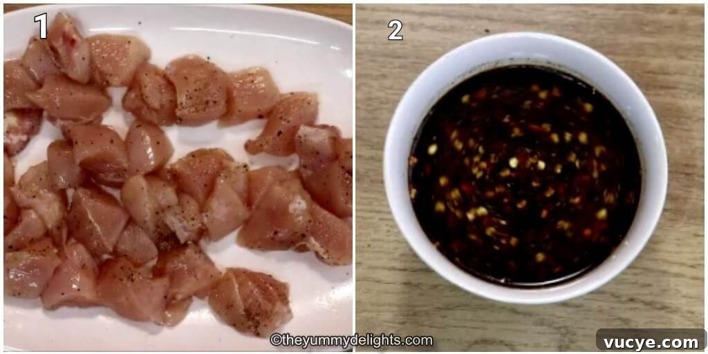 Collage image of 2 steps showing how to make stir-fry sauce. It also shows seasoning the chicken with salt & pepper.