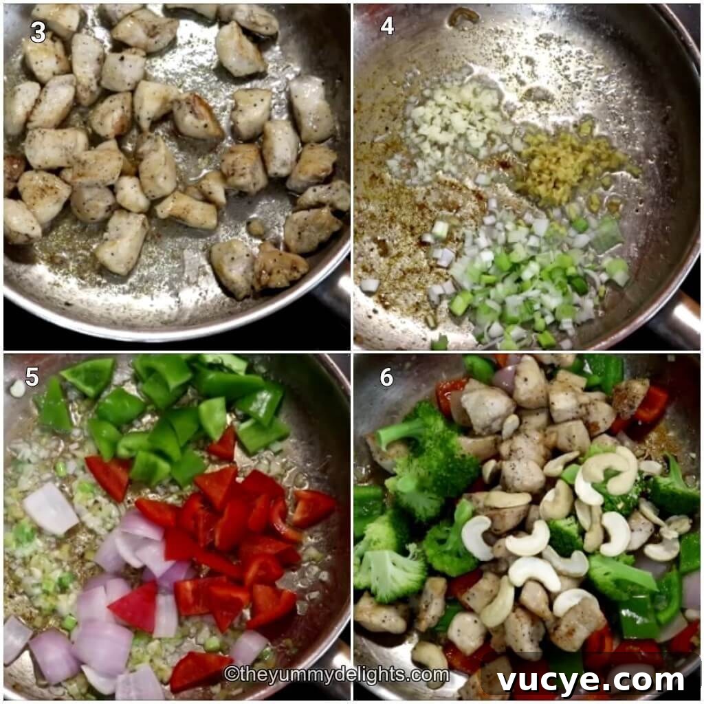 Collage image of 4 steps showing stir-frying the chicken, sauteing the ginger, garlic and onions. It also shows stir-frying the vegetables and addition of chicken, cashews and broccoli to the pan.