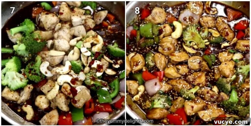 Collage image of 2 steps showing addition of stir-fry sauce to the pan to make chicken and veggie stir-fry.