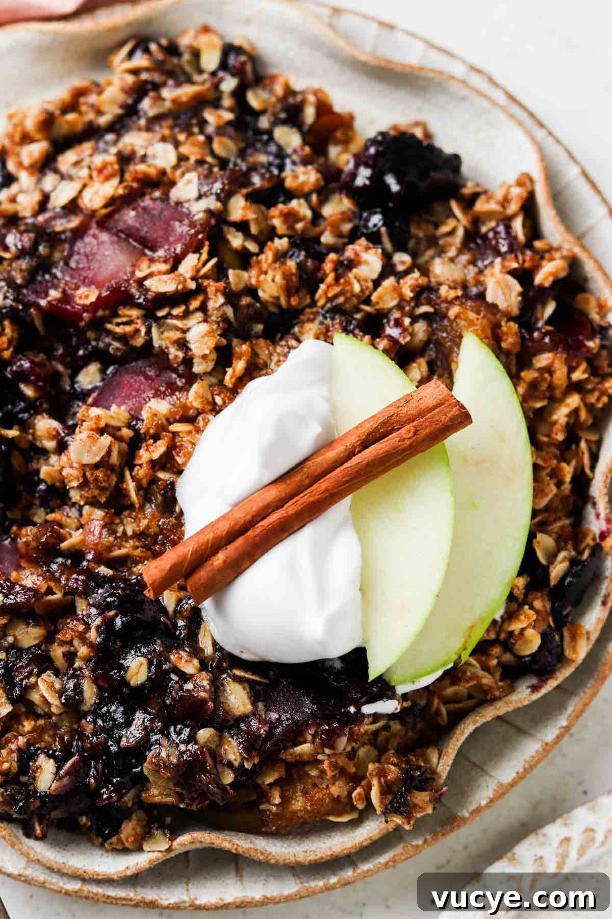 Apple and Blueberry Crumble Recipe: Light, Fruity Dessert Guide 2 Close up photo of a blueberry and apple dessert on a plate with whipped cream and apple slices.