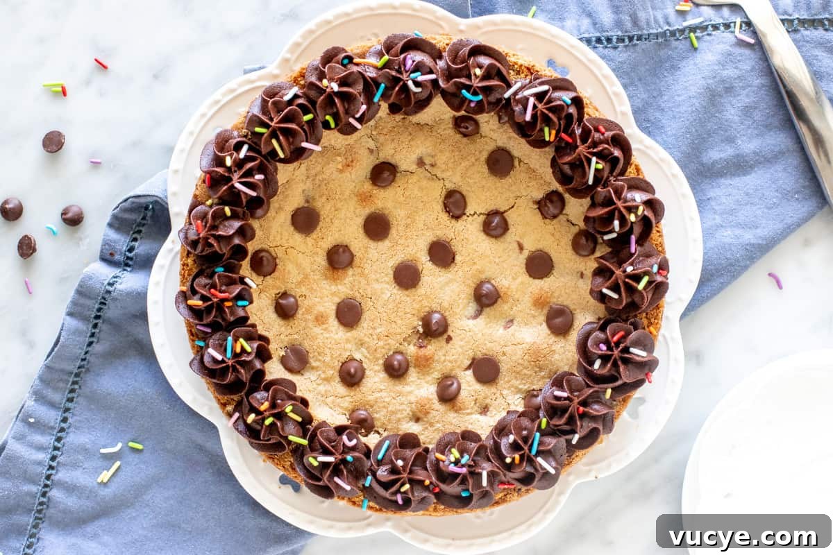 Chocolate Chip Cookie Cake Recipe: Soft, Chewy & Crowd-Pleasing 4 Cookie cake with chocolate chips and frosting around the edges.