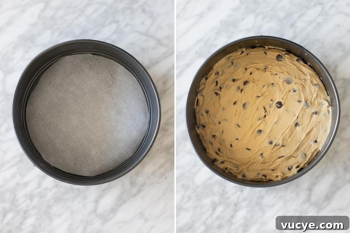 Chocolate Chip Cookie Cake Recipe: Soft, Chewy & Crowd-Pleasing 5 Lined springform pan and springform pan with a layer of cookie dough