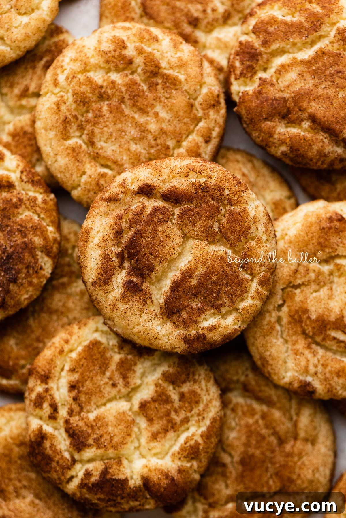Classic Chewy Snickerdoodle Cookie Recipe for Perfect Cinnamon Cookies 2 Piled snickerdoodle cookies on a parchment paper lined baking sheet | © Beyond the Butter®