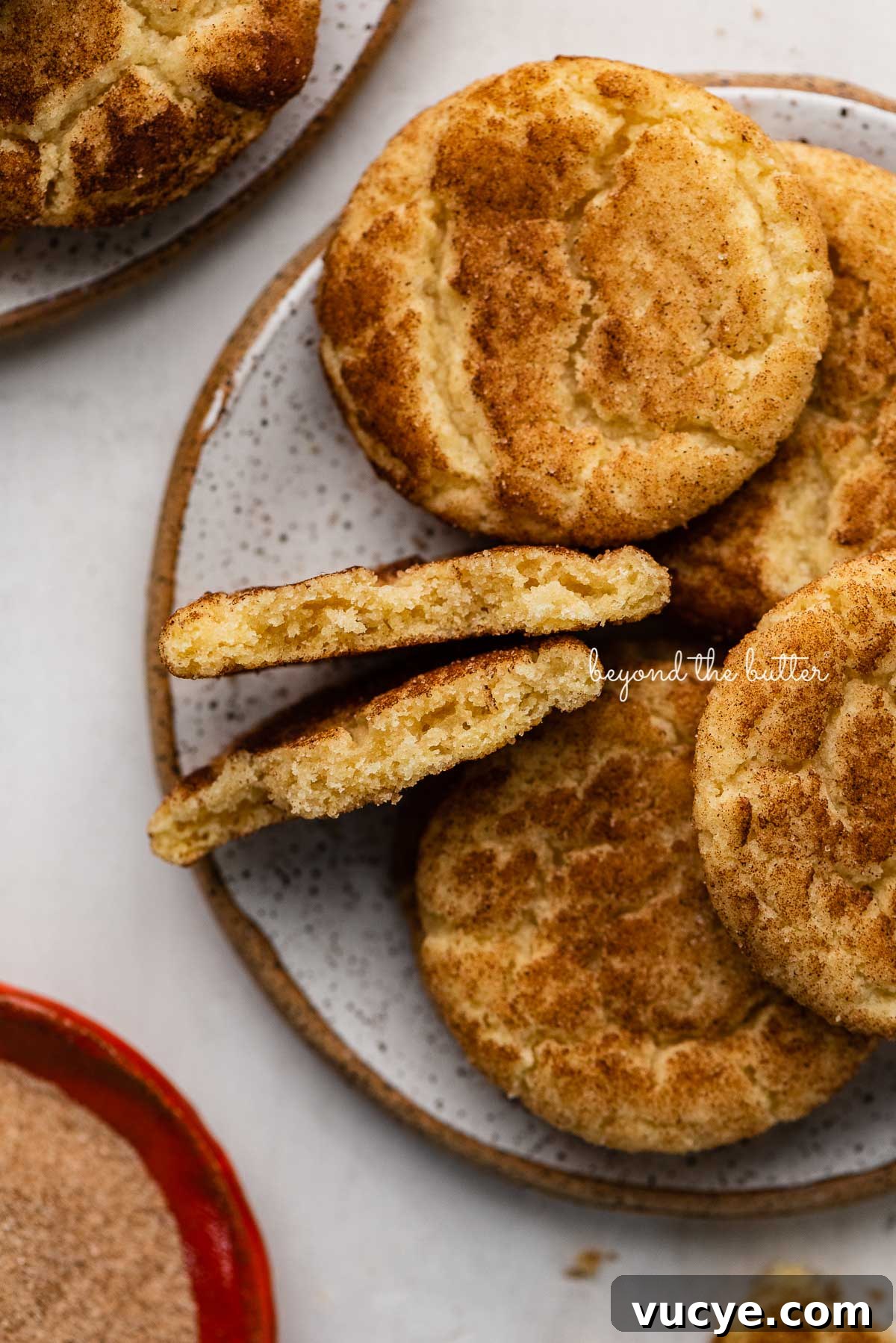 Classic Chewy Snickerdoodle Cookie Recipe for Perfect Cinnamon Cookies 3 Plate of classic snickerdoodle cookies on white background | © Beyond the Butter®
