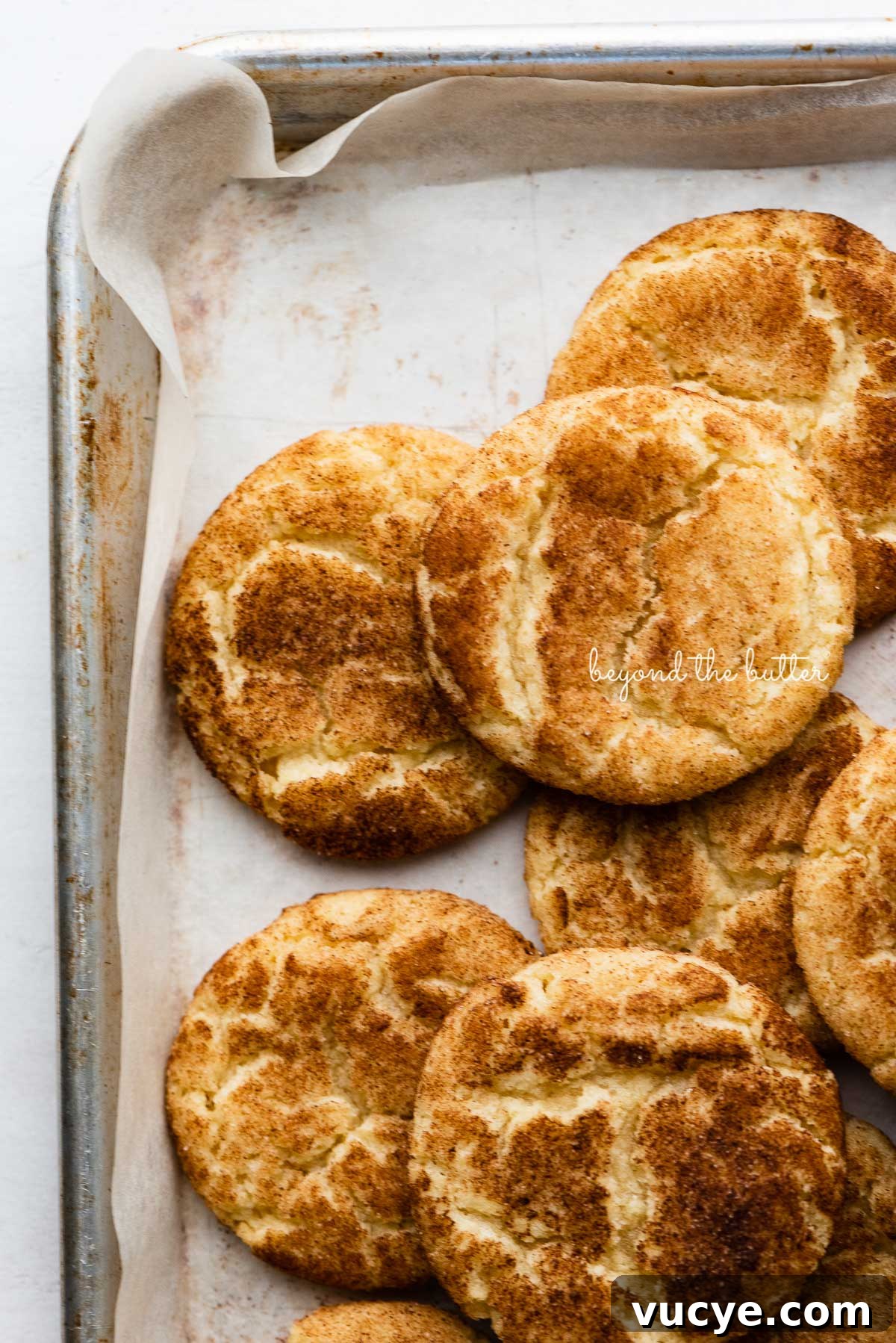 Classic Chewy Snickerdoodle Cookie Recipe for Perfect Cinnamon Cookies 4 Randomly placed snickerdoodle cookies on a parchment paper lined baking sheet | © Beyond the Butter®