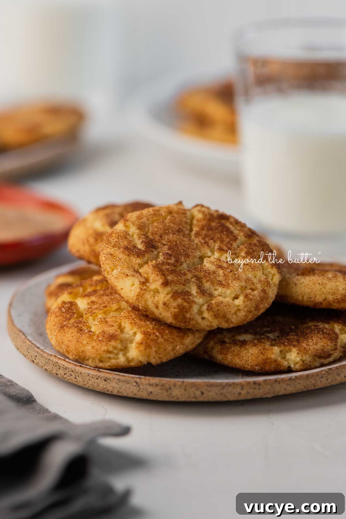 Classic Chewy Snickerdoodle Cookie Recipe for Perfect Cinnamon Cookies 7 Snickerdoodle cookies on a parchment paper lined baking sheet | © Beyond the Butter®