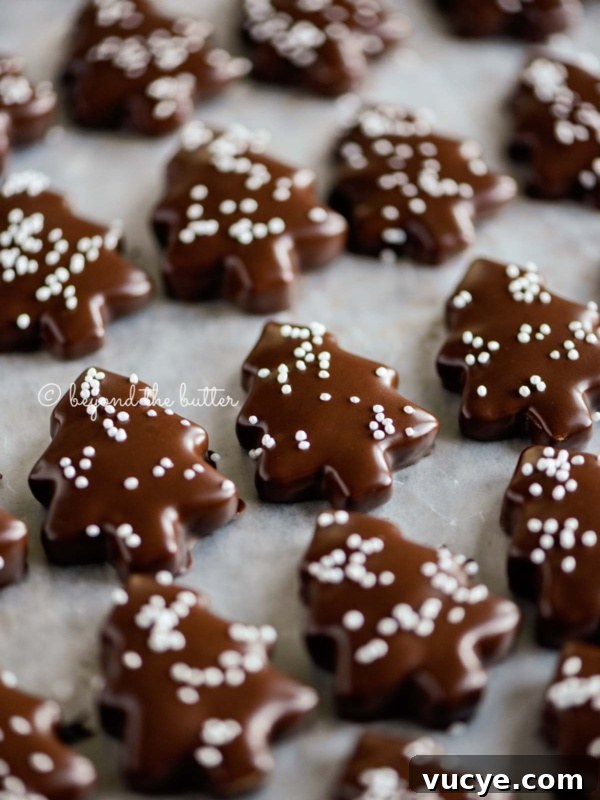 Classic Chewy Snickerdoodle Cookie Recipe for Perfect Cinnamon Cookies 10 Close up image of Chocolate Dipped Graham Cracker Chrismtas Trees topped with white nonpareils on a wax paper lined baking sheet.