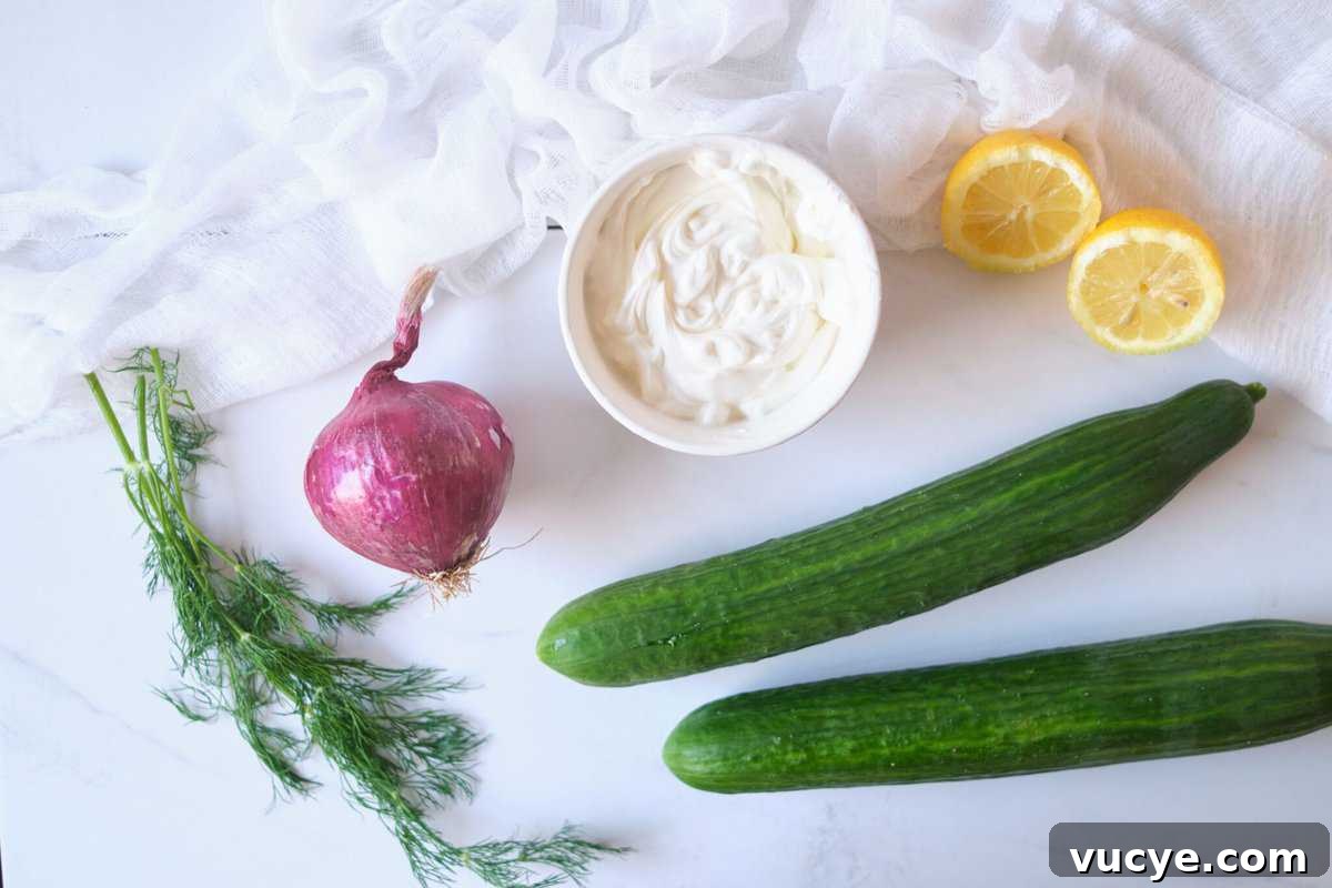Creamy Cucumber Salad Recipe with Dill and Greek Yogurt 3 Sliced cucumbers and onion