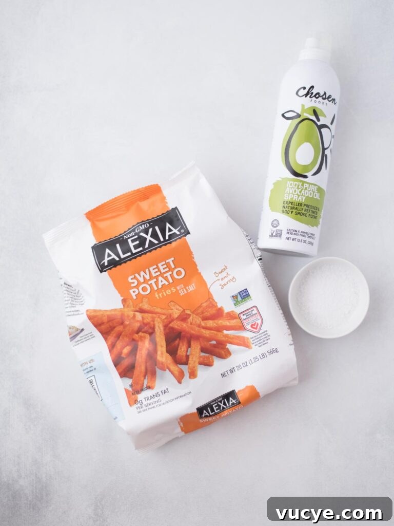 Crispy Air Fryer Sweet Potato Fries from Frozen 3 Ingredients needed to make sweet potato french fries.