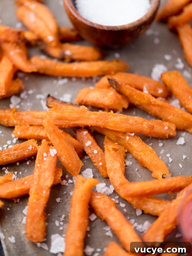 Crispy Air Fryer Sweet Potato Fries from Frozen 7 Sweet potato french fries topped with sea salt.