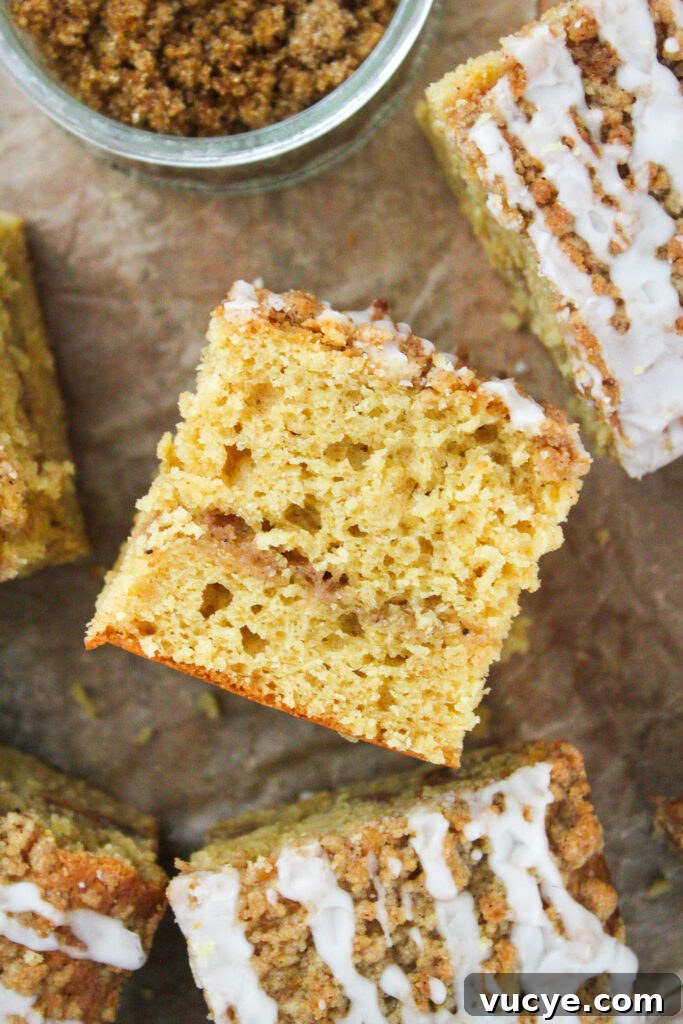 Brown Butter Coffee Cake Recipe with Crispy Crumb Topping 6 Slices of coffee cake