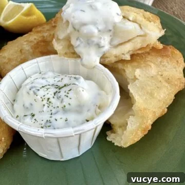 Tartar sauce in a small cup on a plate with fried fish.