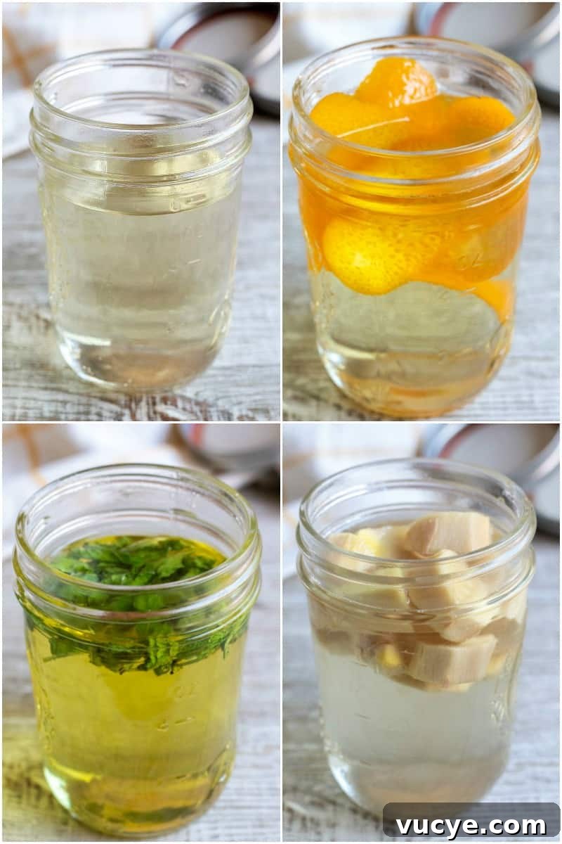 collage of simply syrup, orange simple syrup, mint simple syrup, and ginger simple syrup