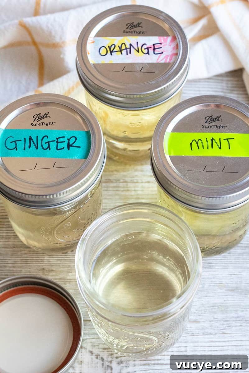mason jars with different simple syrups labeled with washi tape