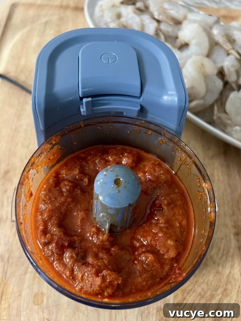 Finished, pureed spicy tomato shrimp marinade (fra diavolo marinade).