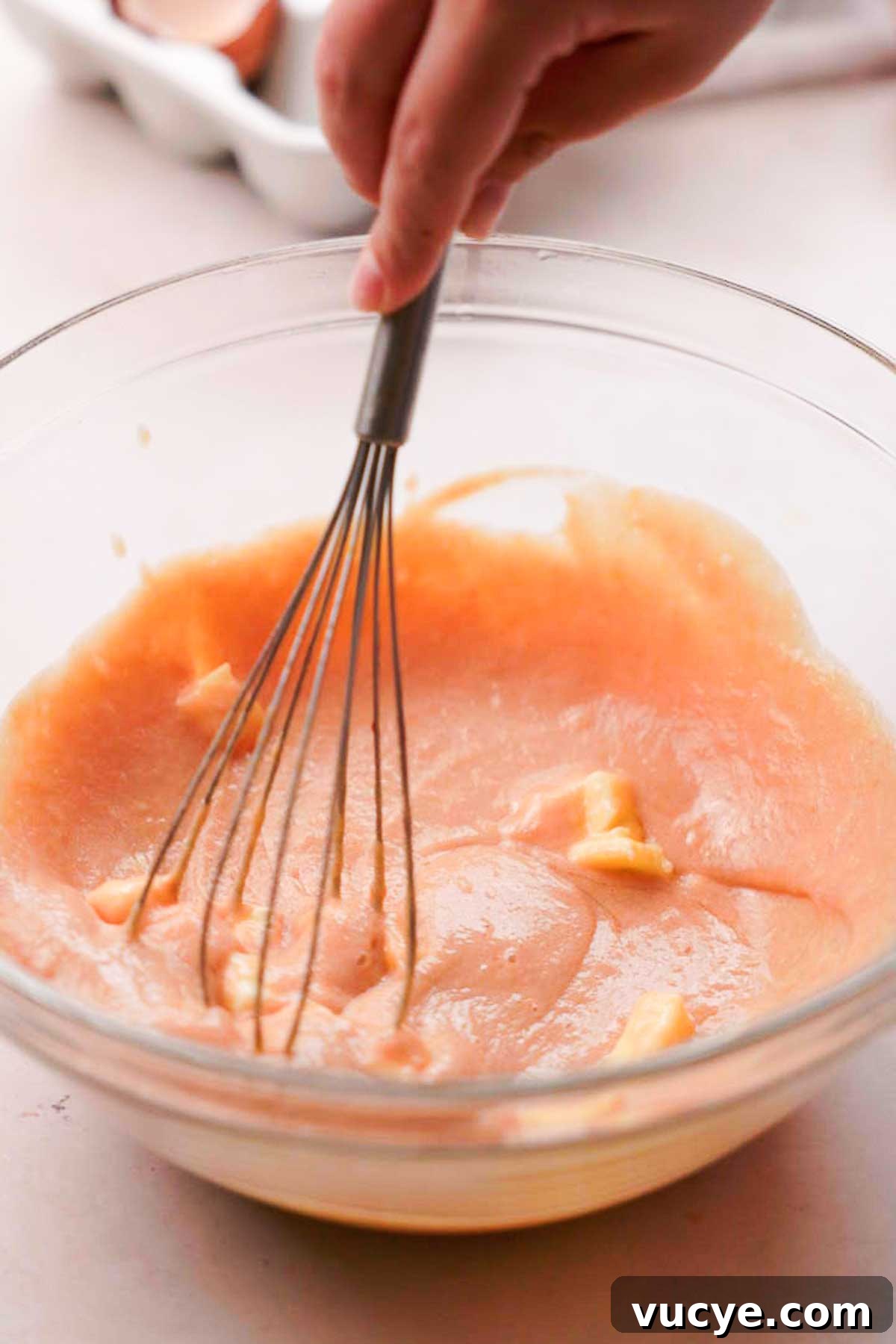 Silky Homemade Peach Curd Recipe for Tarts & Toast 13 adding butter to peach and egg mixture and whisking it with a hand held whisk