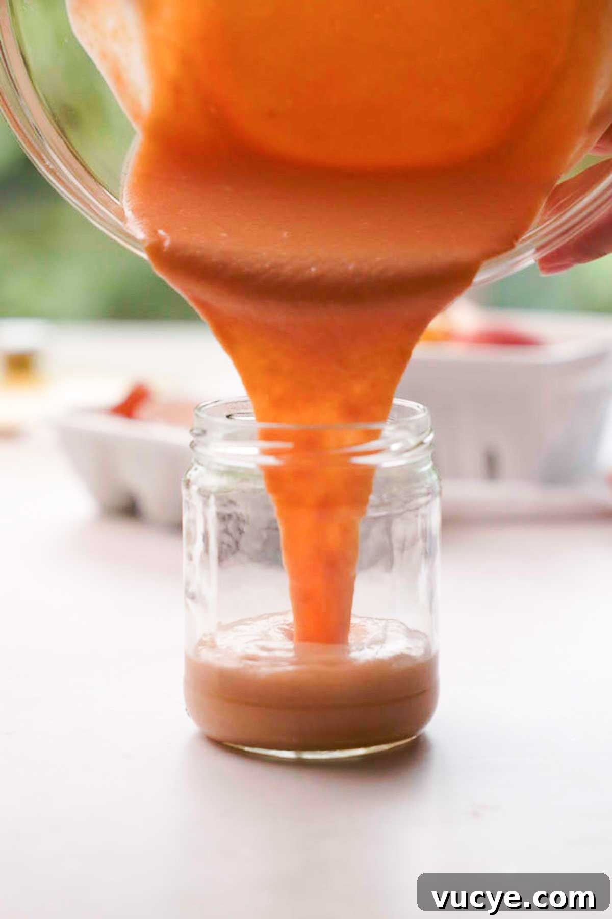 Silky Homemade Peach Curd Recipe for Tarts & Toast 14 pouring peach curd from a bowl into a smaller glass jar