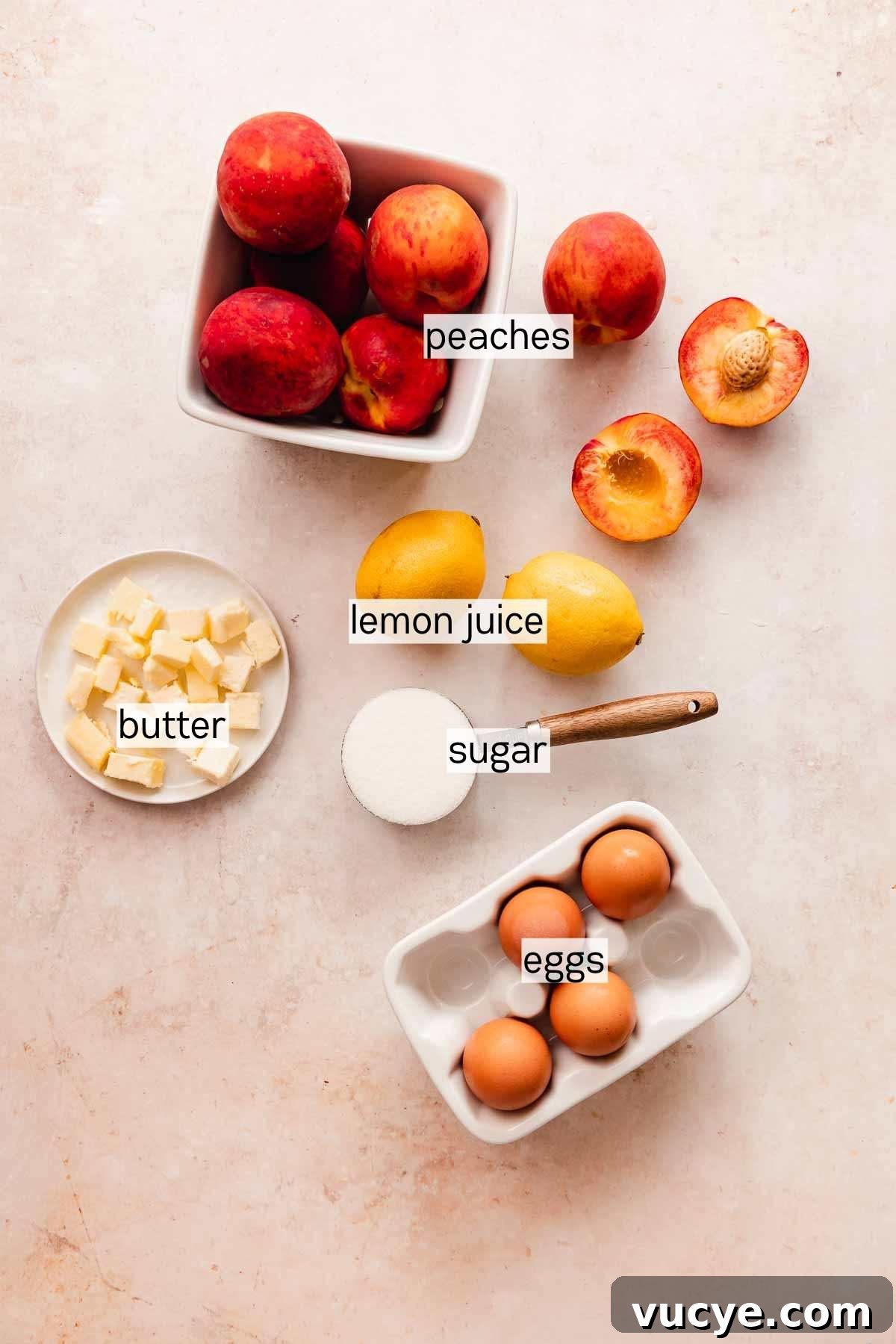 Silky Homemade Peach Curd Recipe for Tarts & Toast 4 peach curd ingredients in ceramic plates and bowls laid out on the table