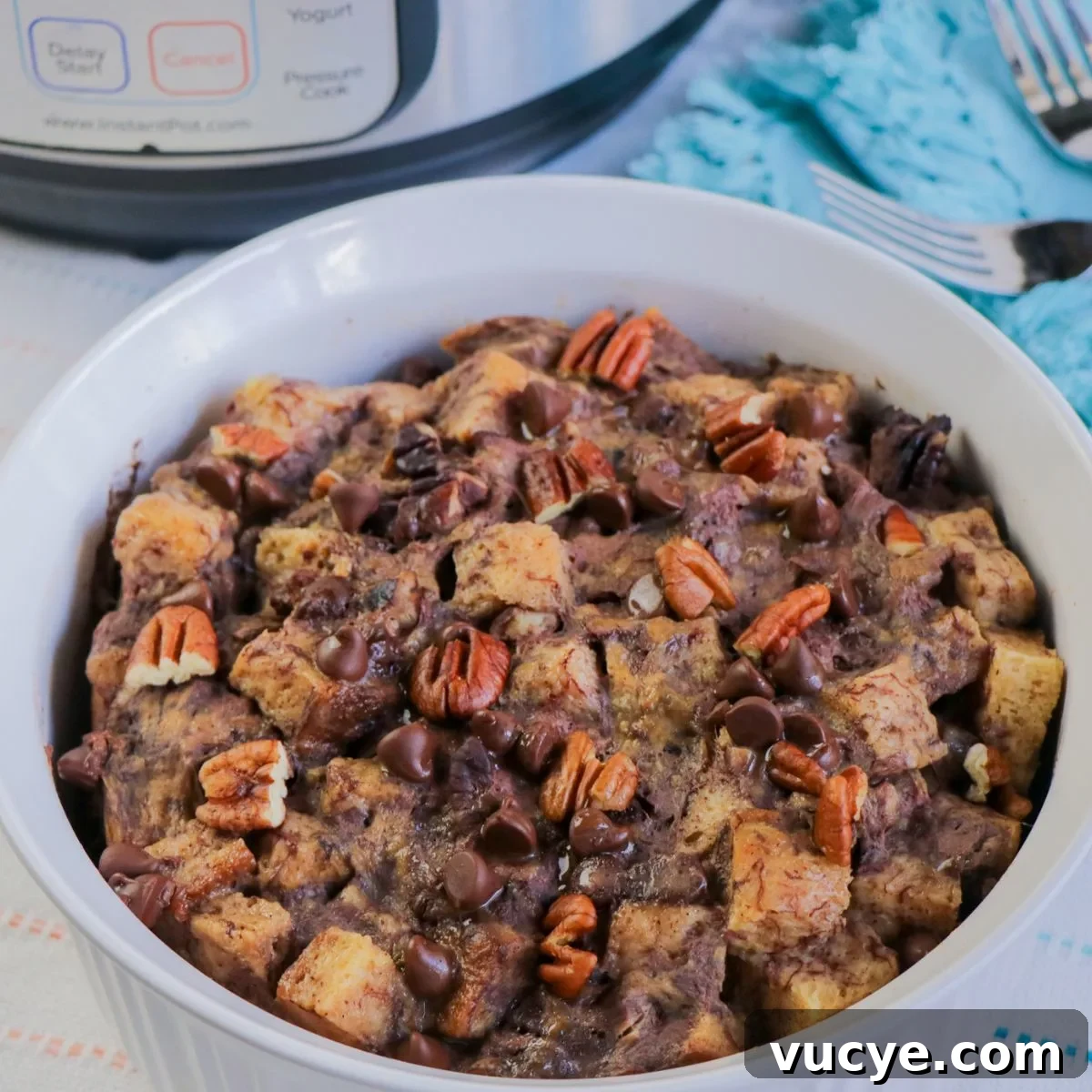 Close up of bread pudding from the Instant Pot.