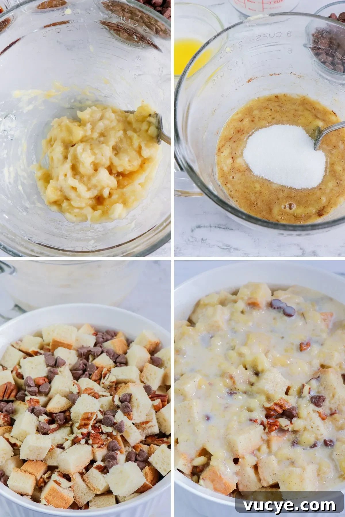 Creamy Instant Pot Bread Pudding Recipe for Any Occasion 5 First four steps in a collage of images showing how to make bread pudding.
