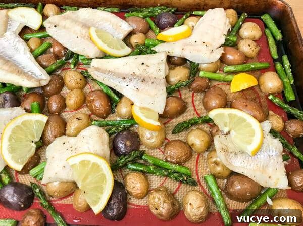 Sheet Pan Pickerel with Asparagus in 5 Ingredients 2 asparagus and pickerel sheet pan dinner