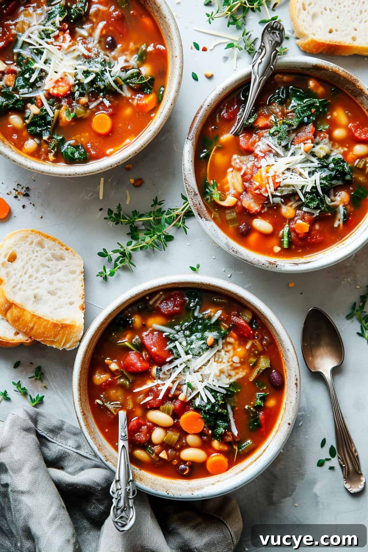 Hearty white bean minestrone is a veggie loaded warming spin on the Italian classic. This soup is full of veggies and protein to keep winter colds at bay and it's got a depth of flavour from pancetta and cavolo nero. A nod to classic Italian ingredients. White bean minestrone in a bowl with bread and parmesan cheese.