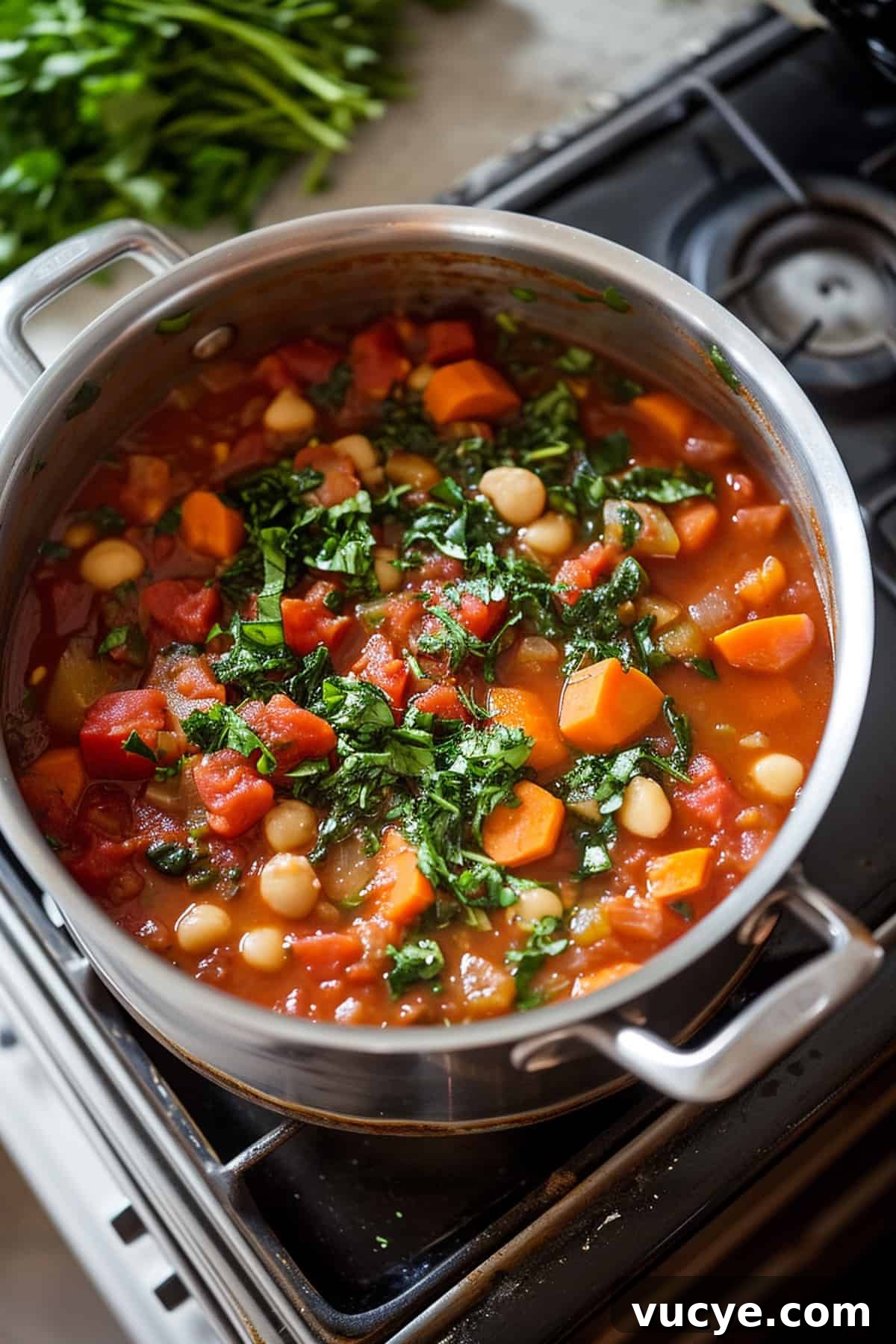 Hearty white bean minestrone is a veggie loaded warming spin on the Italian classic. This soup is full of veggies and protein to keep winter colds at bay and it's got a depth of flavour from pancetta and cavolo nero. A nod to classic Italian ingredients. White bean minestrone cooking in a pot on the stove.