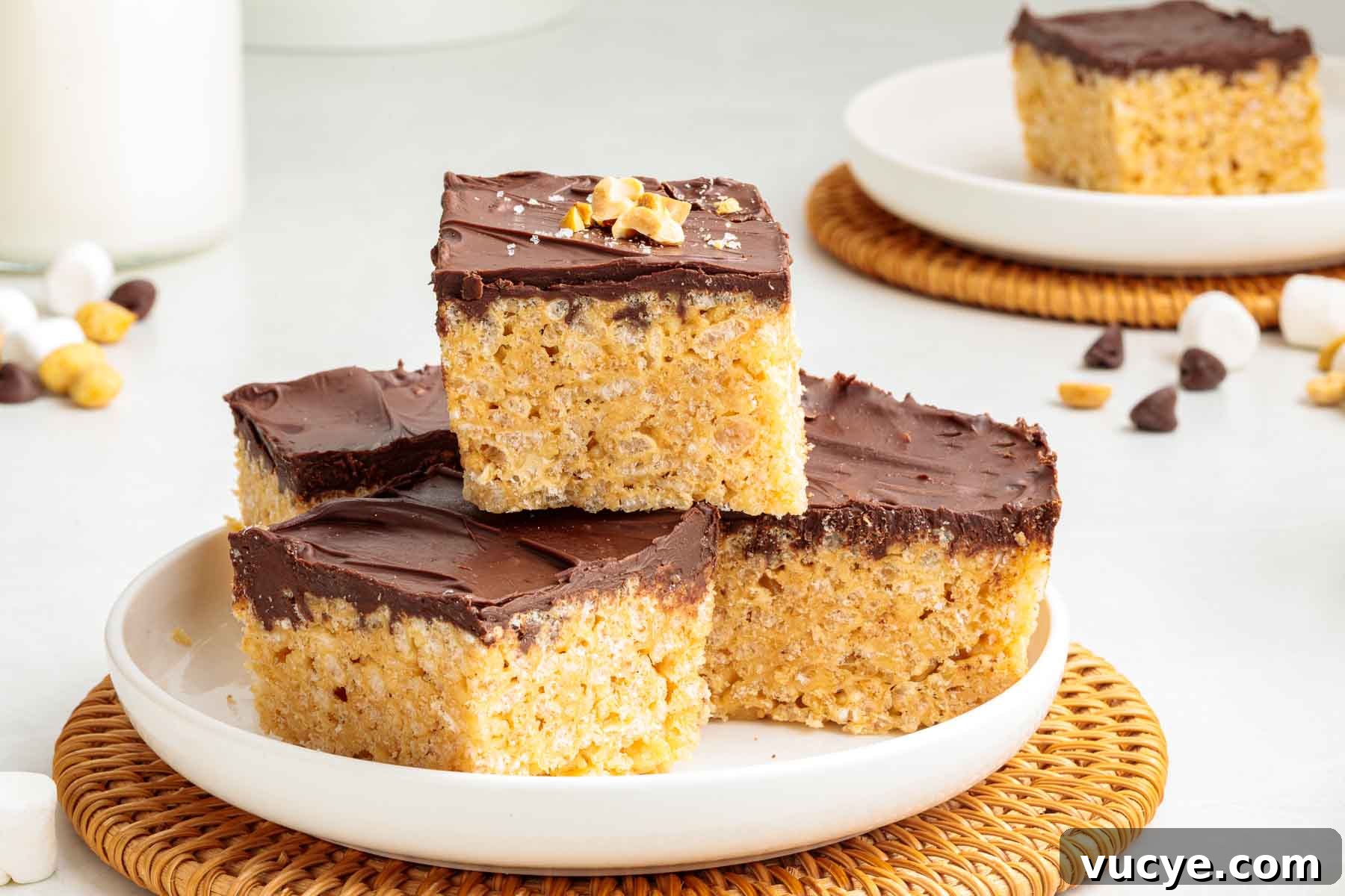 A pyramid stack of peanut butter chocolate Rice Krispies treats.