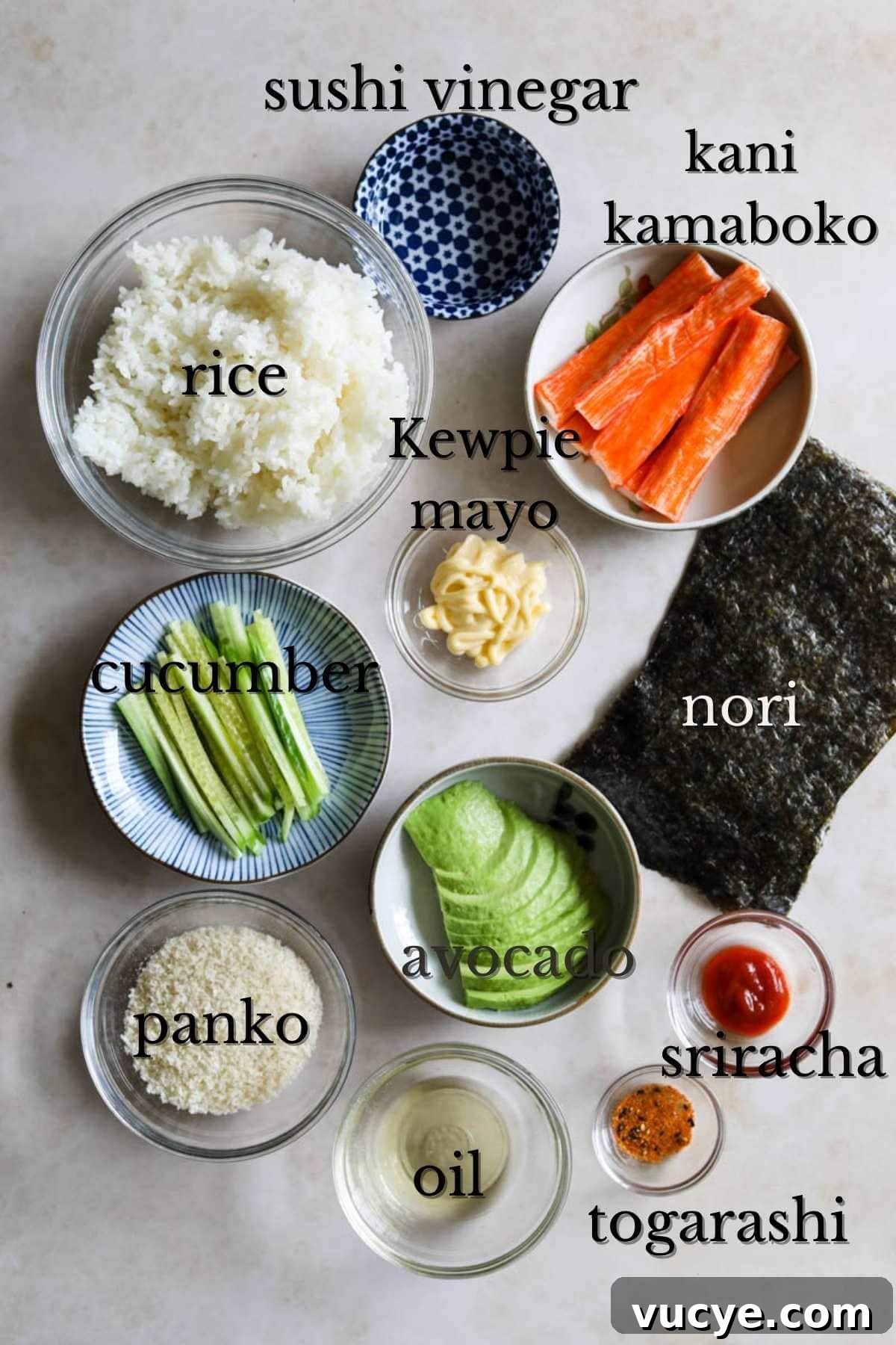 Ingredients to make crunchy spicy California sushi roll.