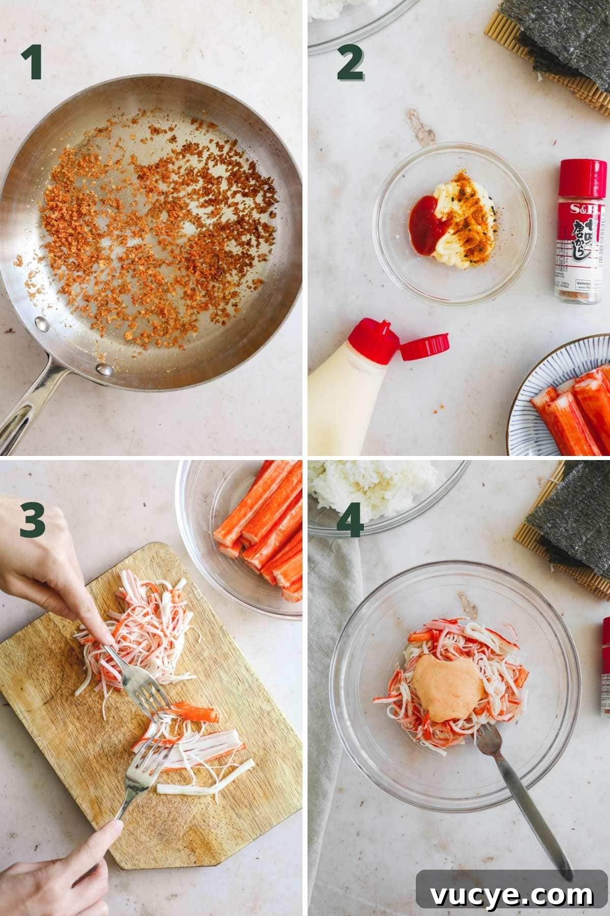 Steps to make crunch spicy California sushi roll, including toasting panko, making spicy mayo, and tossing shredded kani.