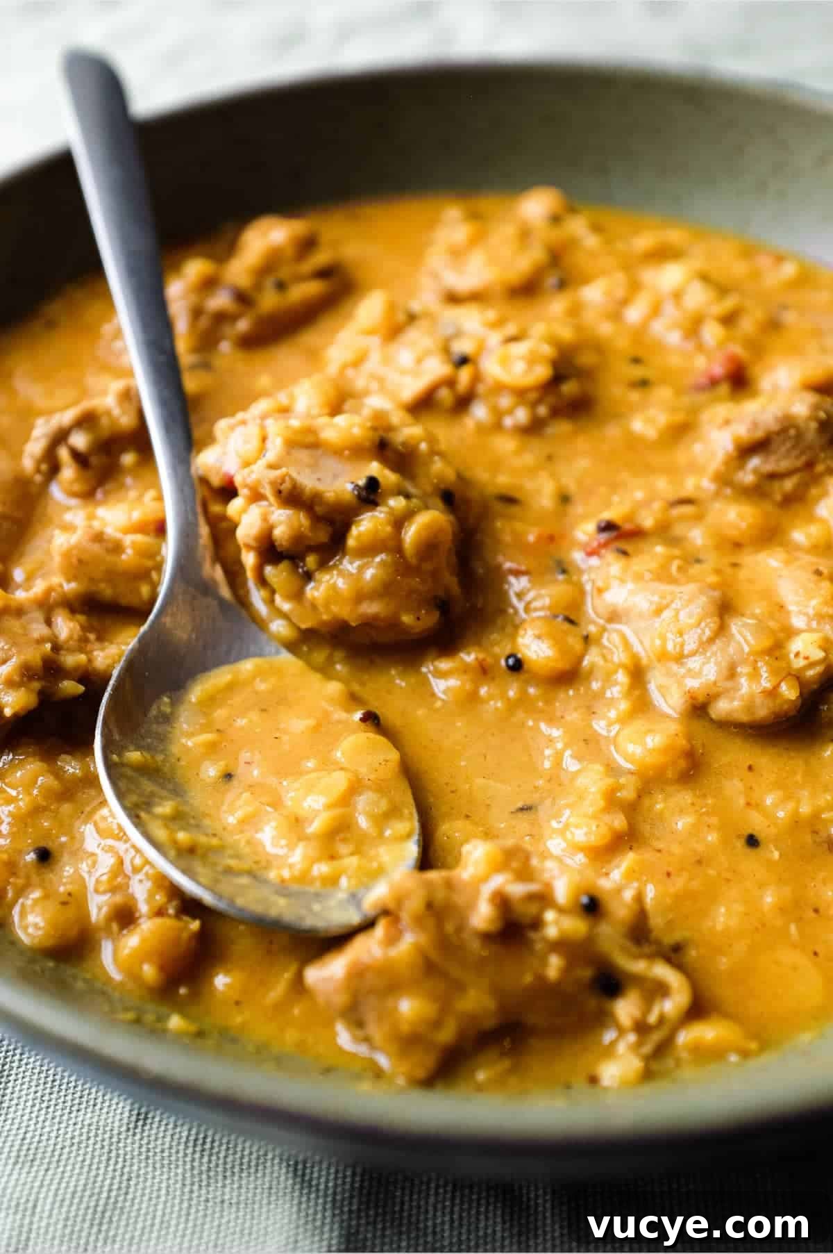 Chicken & Lentil Curry | cookeatworld.com A bowl of lentil curry with a spoon