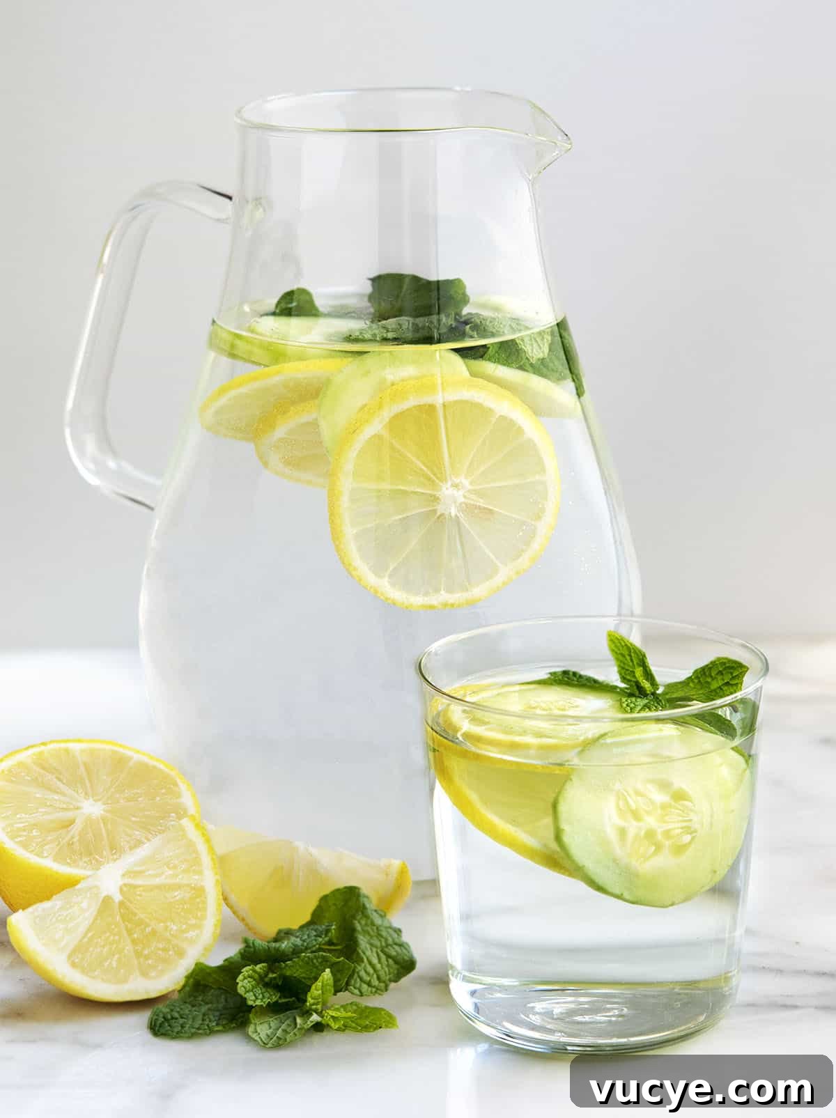 Refreshing Cucumber Lemon Mint Infused Water Recipe 2 Cucumber Lemon Mint Water in a glass pitcher and a glass tumbler