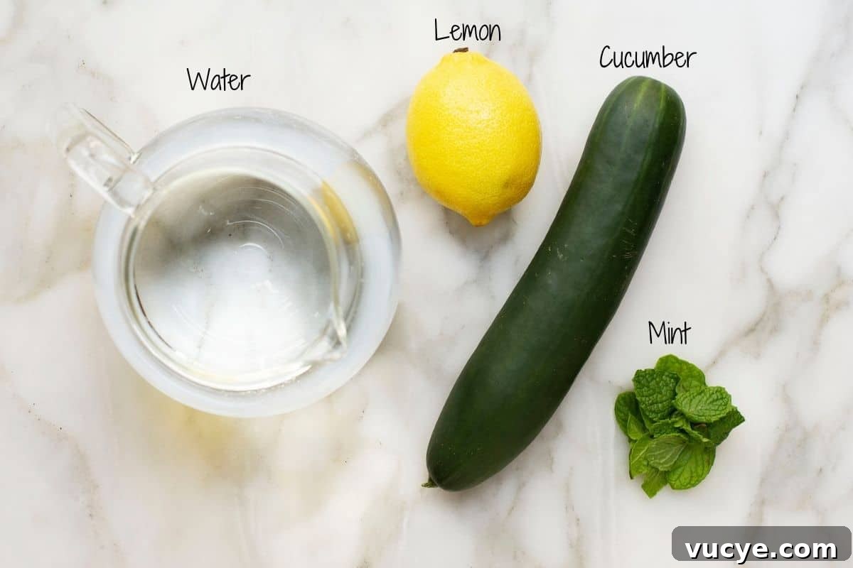 Refreshing Cucumber Lemon Mint Infused Water Recipe 3 Cucumber Lemon Mint Water Ingredients on a white marble board