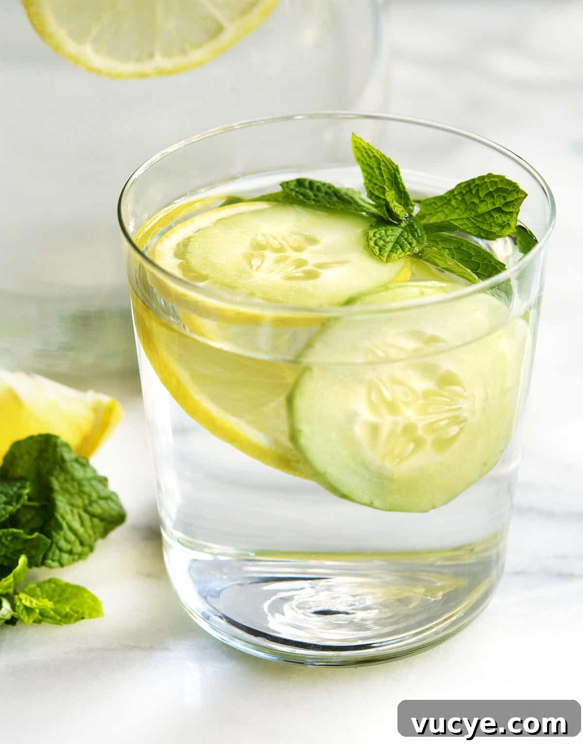 Refreshing Cucumber Lemon Mint Infused Water Recipe 4 Cucumber Lemon Mint Water in a glass tumbler