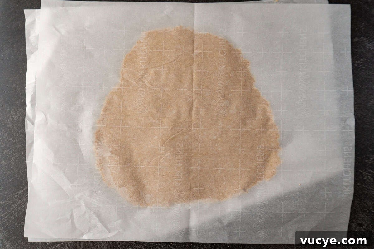 cookie dough rolled flat between two pieces of parchment paper.