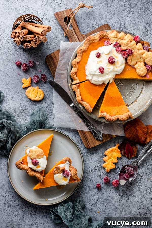Pumpkin Cheesecake Pie served on a wooden cutting board with a slice on a plate. 