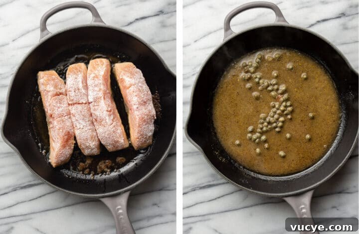 Creamy Lemon Salmon Piccata Recipe for Weeknight Dinners 4 pan searing salmon and making caper sauce in a skillet