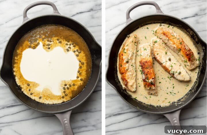 Creamy Lemon Salmon Piccata Recipe for Weeknight Dinners 5 adding cream and salmon into a skillet with caper sauce