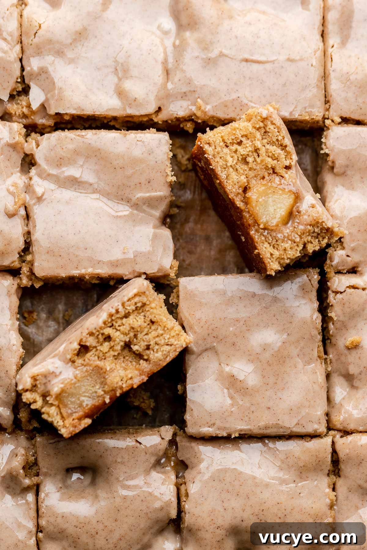 Apple Cinnamon Blondie Recipe — Chewy Spiced Apple Bars 2 Cinnamon apple blondies cut into pieces. Two are laying on their edges.