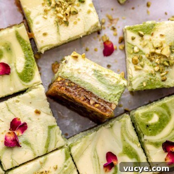 Sliced baklava cheesecake bars on parchment paper.