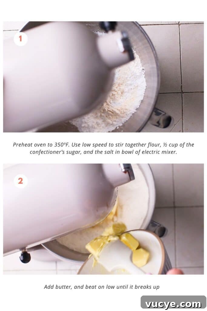 Mixing flour and sugar in a mixer bowl.