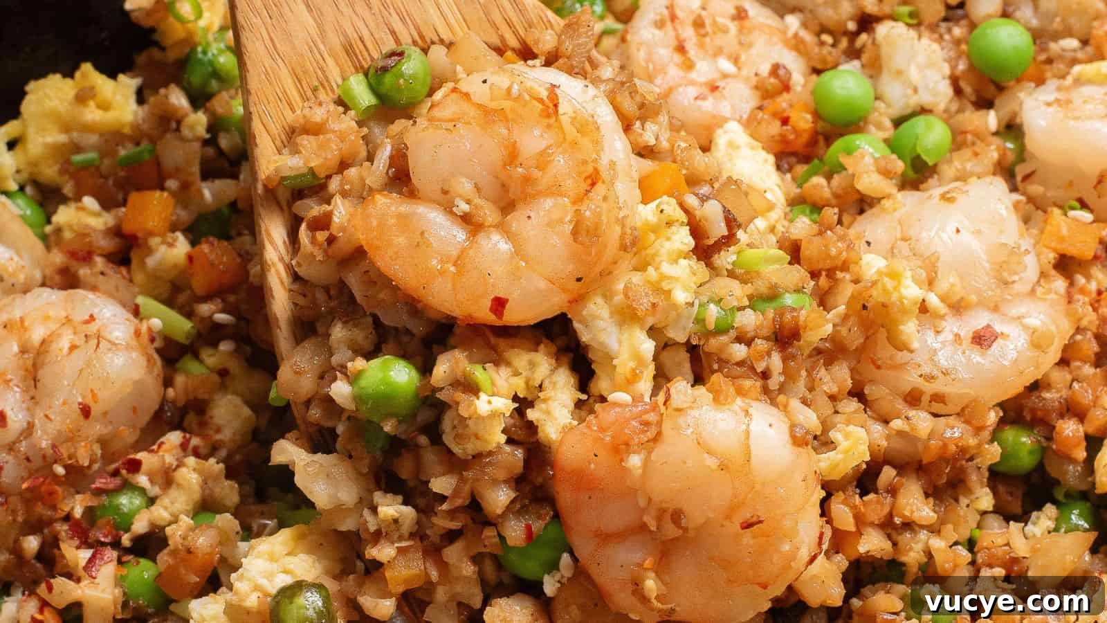 Shrimp fried rice with peas, eggs, and diced vegetables being stirred with a wooden spatula.